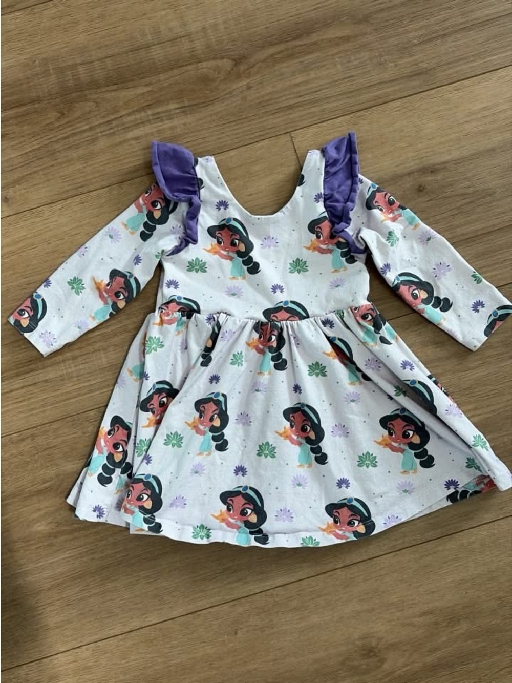 Girls White and Purple Princess Print Long-Sleeve Dress